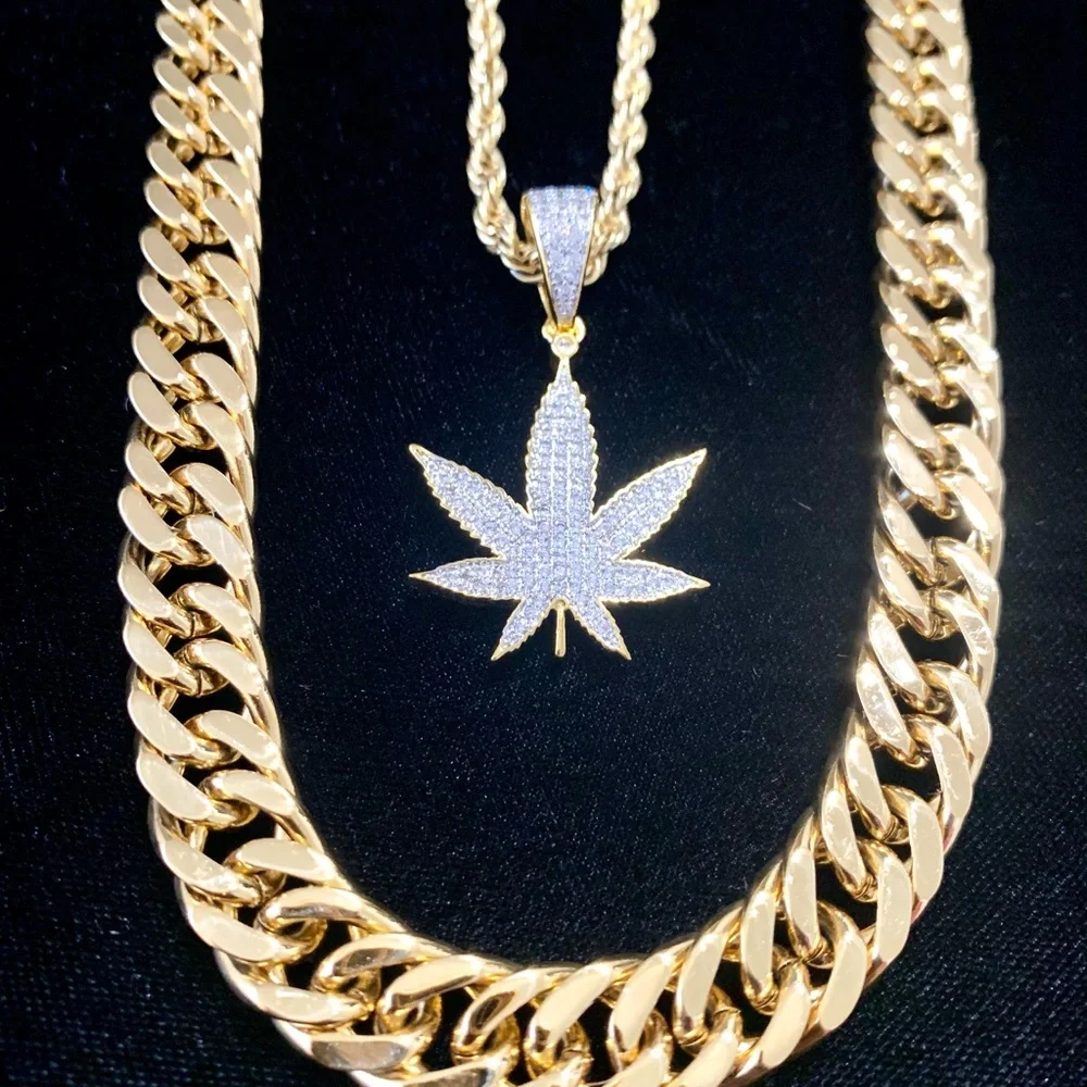 LEAF CANNABIS 420 CHARM PENDANT 18K GOLD CHAIN NECKLACE MADE IN ITALY! WARRANTY!